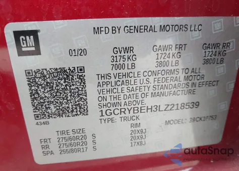 2020 Chevrolet Silverado 1500 4Wd Double Cab Standard Bed Custom from USA, damaged, VIN 1GCRYBEH3LZ218539